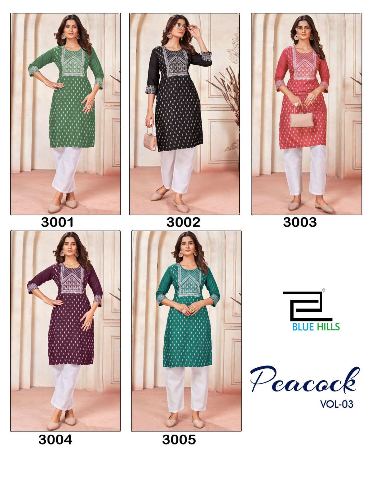 Peacock Vol 3 By Blue Hills Rayon Foil Printed Kurtis Catalog